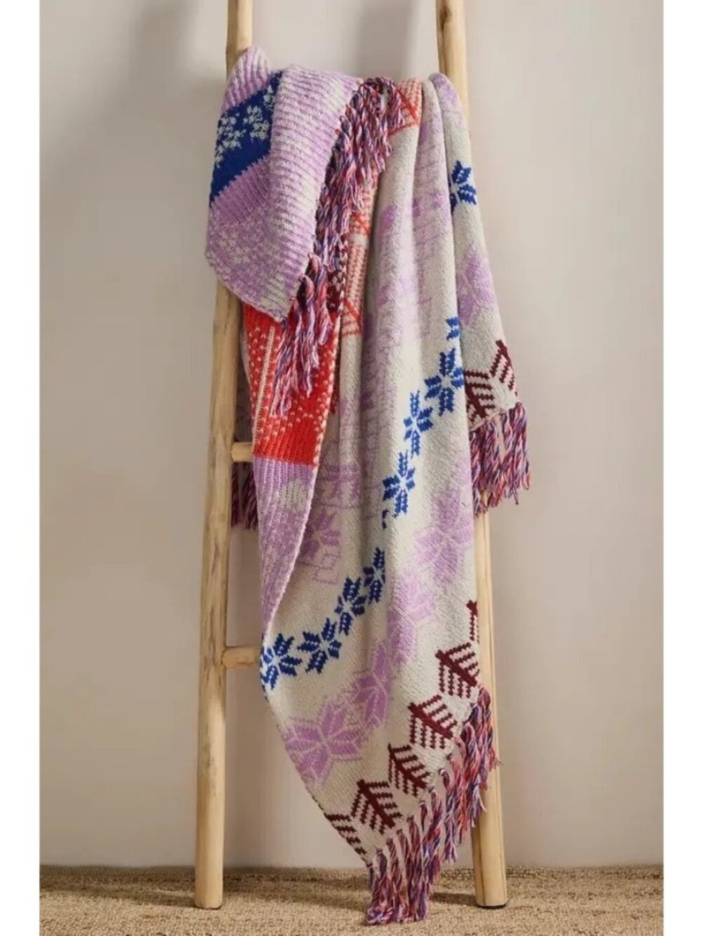 Free People Winter Whimsy Fringe Throw Blanket Cozy Winter Fair Isle Wool Boho